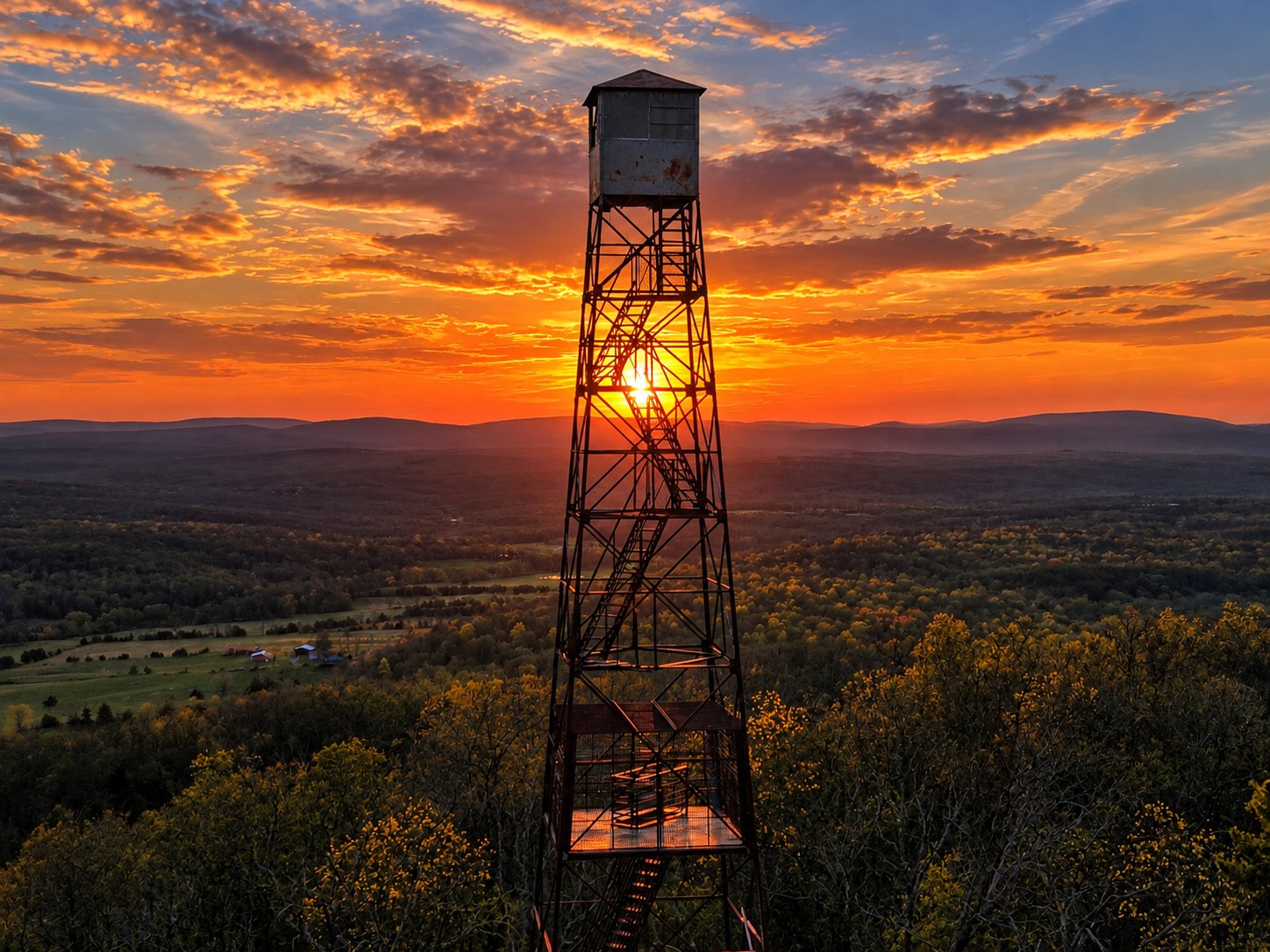 Aerial of the Knob Lick fire tower at sunset - HelixMind Real Estate Media