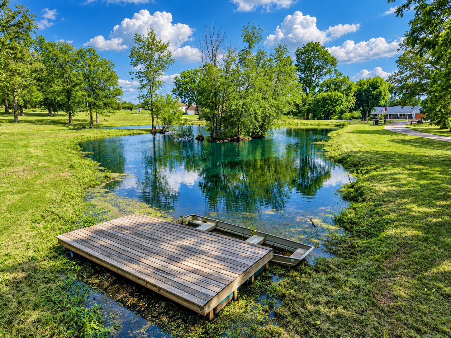 Private pond with floating dock and boat · Southeast Missouri - HelixMind Real Estate Media