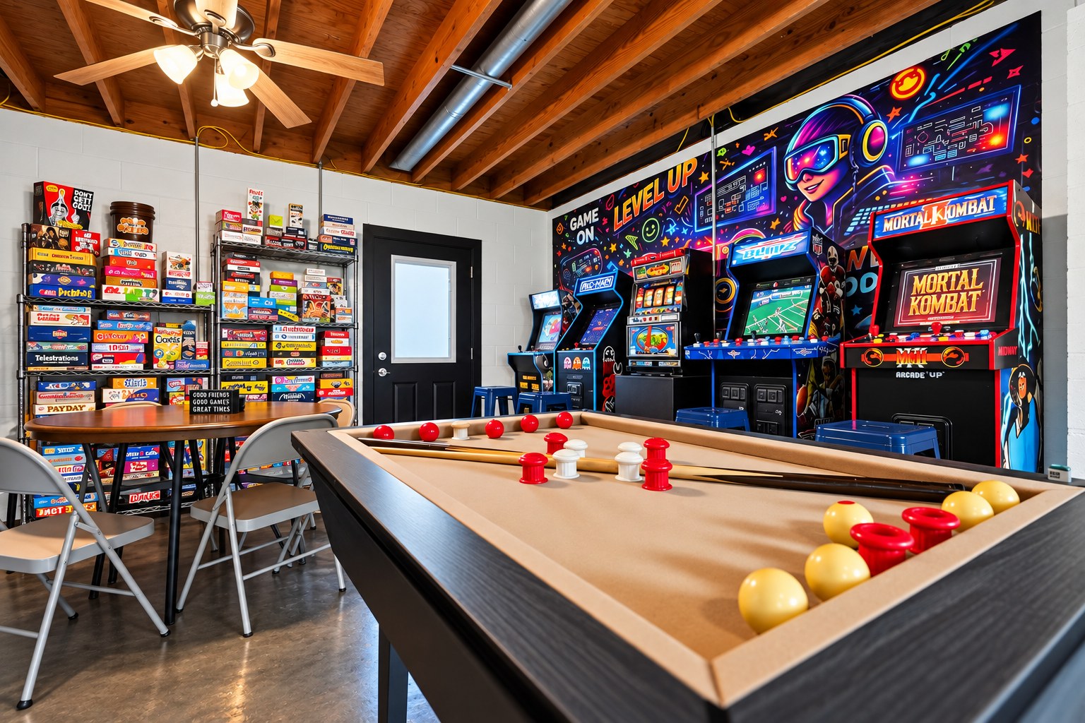 Game room with pool table, arcade cabinets, and board game wall - HelixMind Real Estate Media
