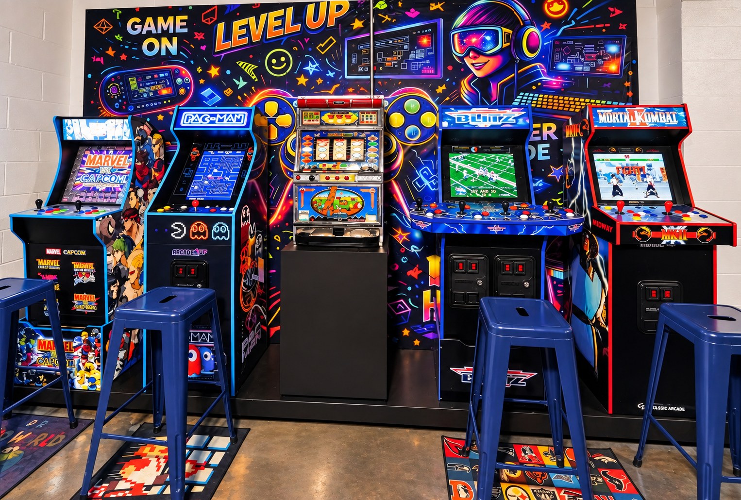 Home arcade room with retro arcade cabinets and neon mural - HelixMind Real Estate Media