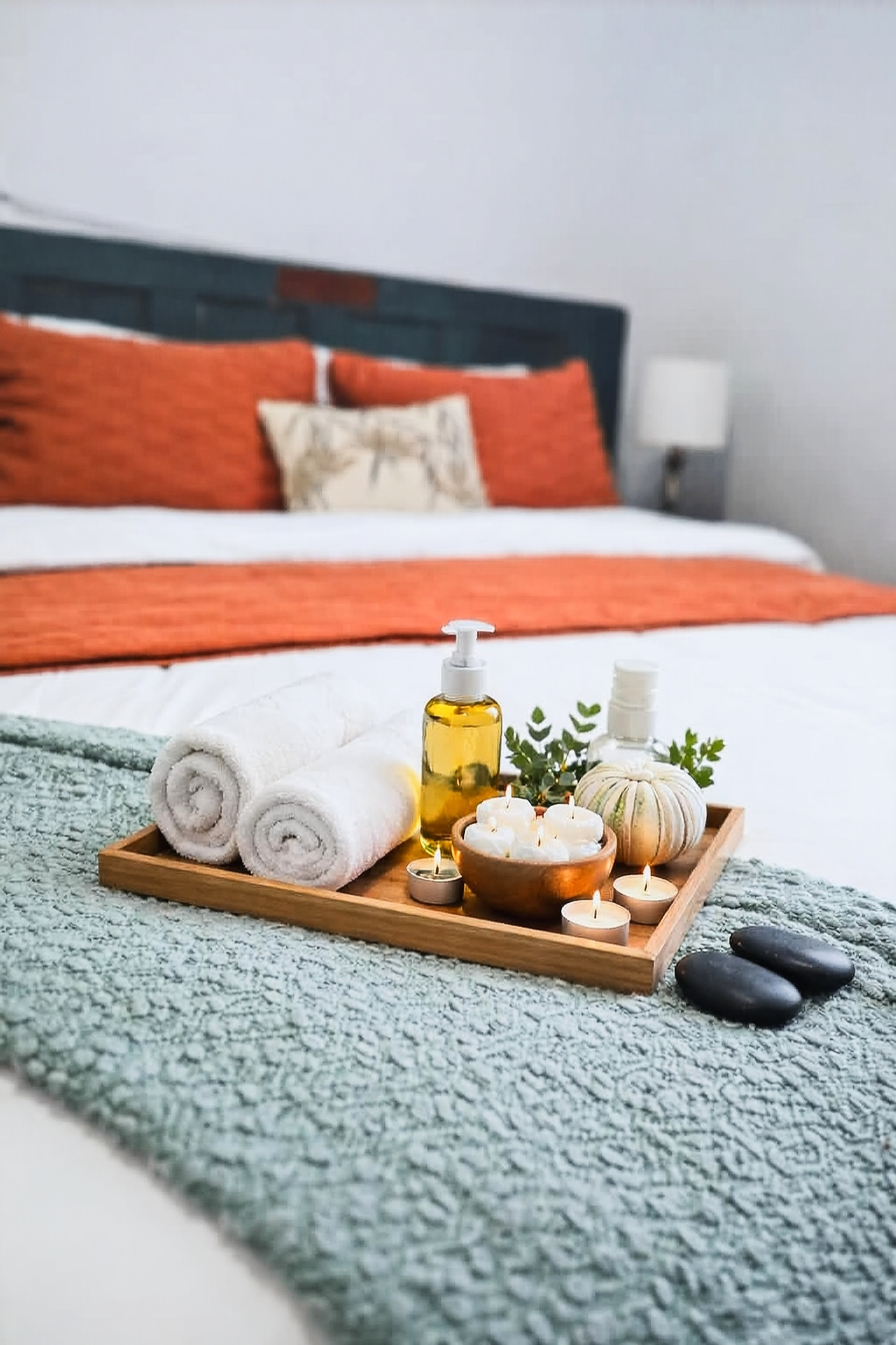 Short-term rental interior photography - spa bedroom styling