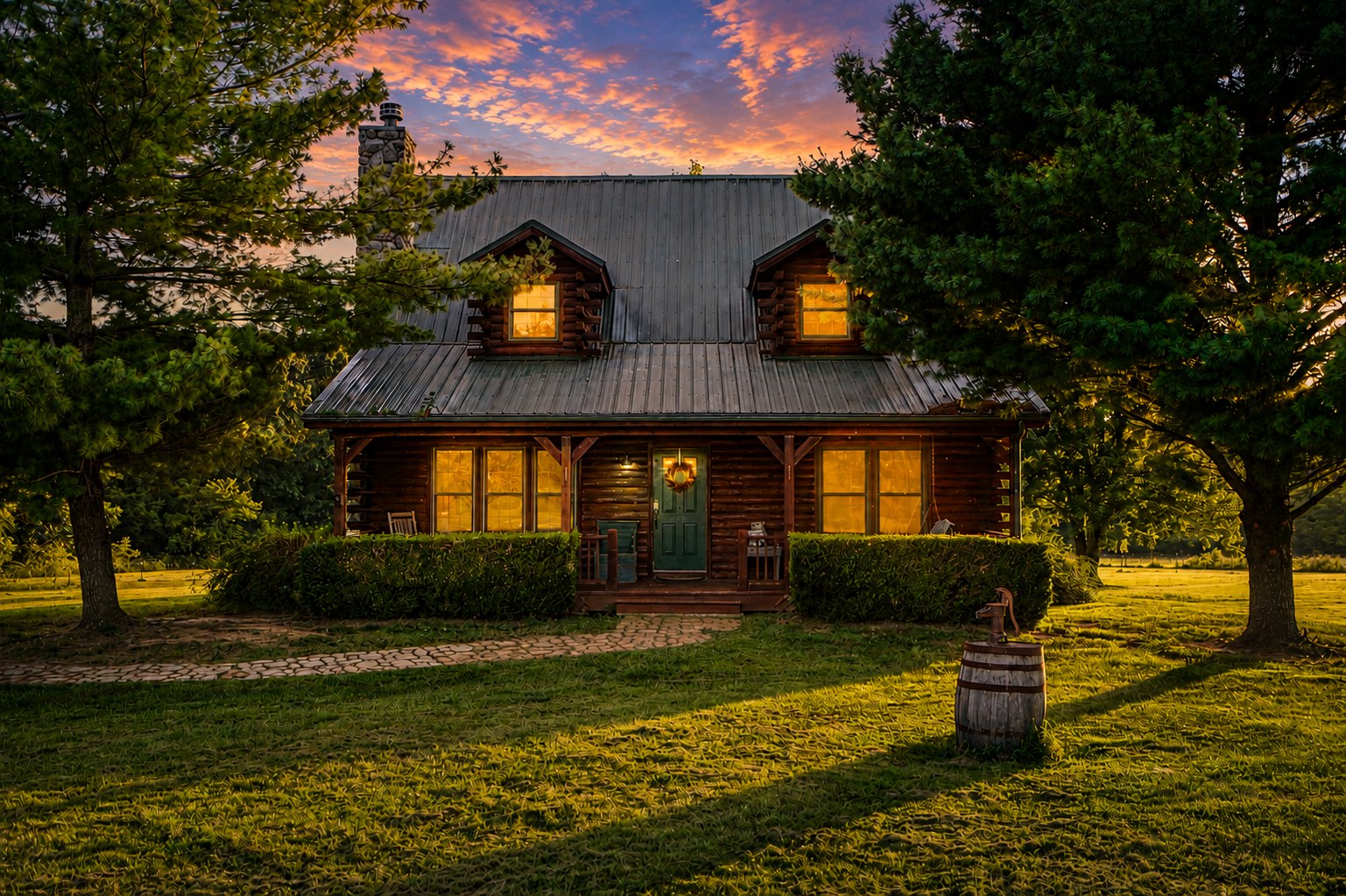 Log cabin front yard at sunset - HelixMind Real Estate Media